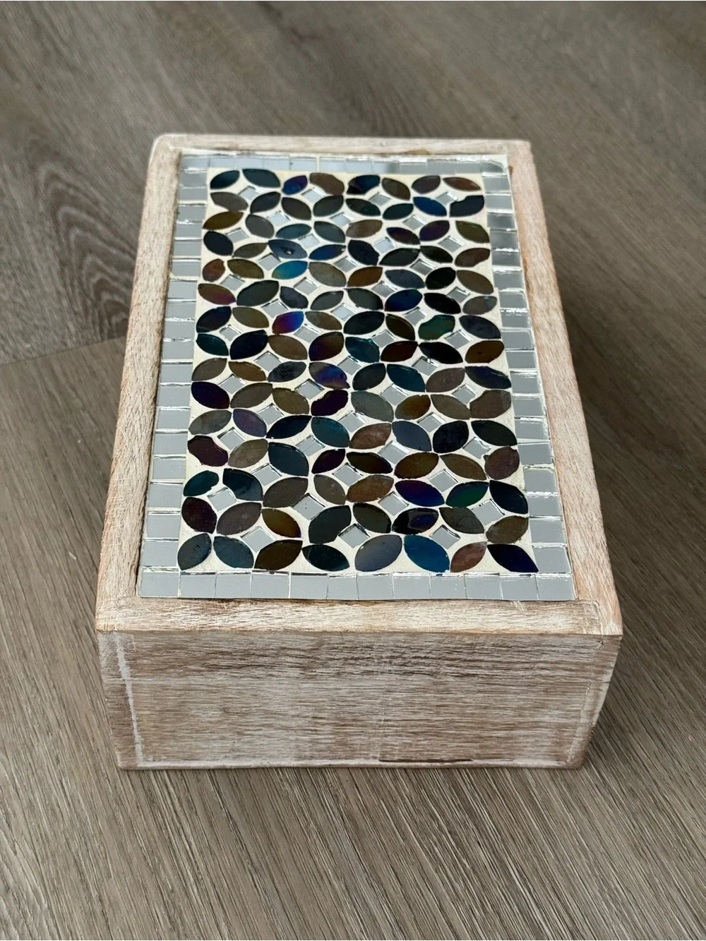 Vintage Handmade Wooden Trinket Box with Mosaic Tile Inlay and Lock